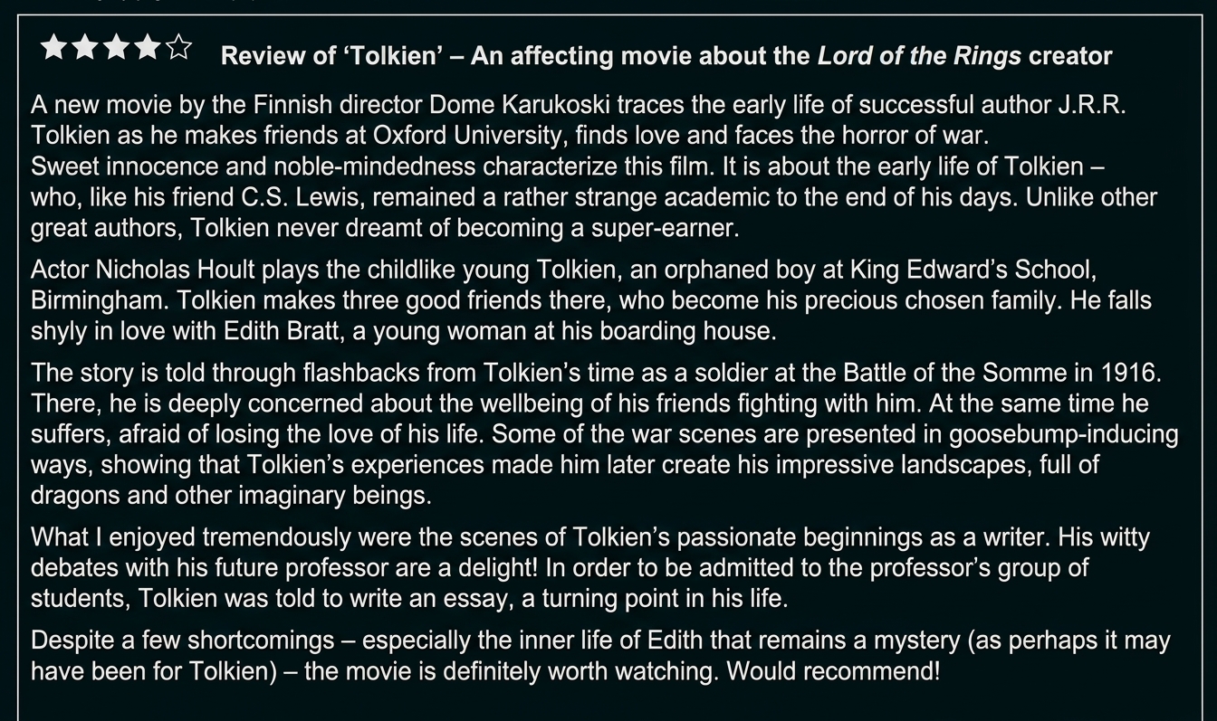 Filmkritik zu Tolkien mit Bewertung und Textabschnitten
